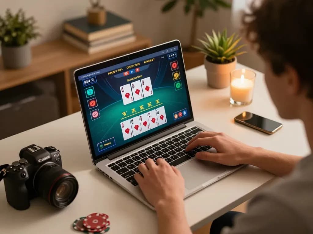 Engaged player strategizes blackjack gameplay on laptop, highlighting man88ink experience in online gambling