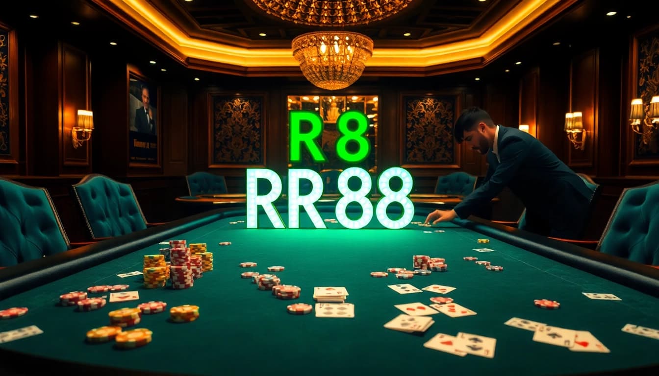 Engaging player at an RR 88 casino table surrounded by vibrant poker chips and cards.