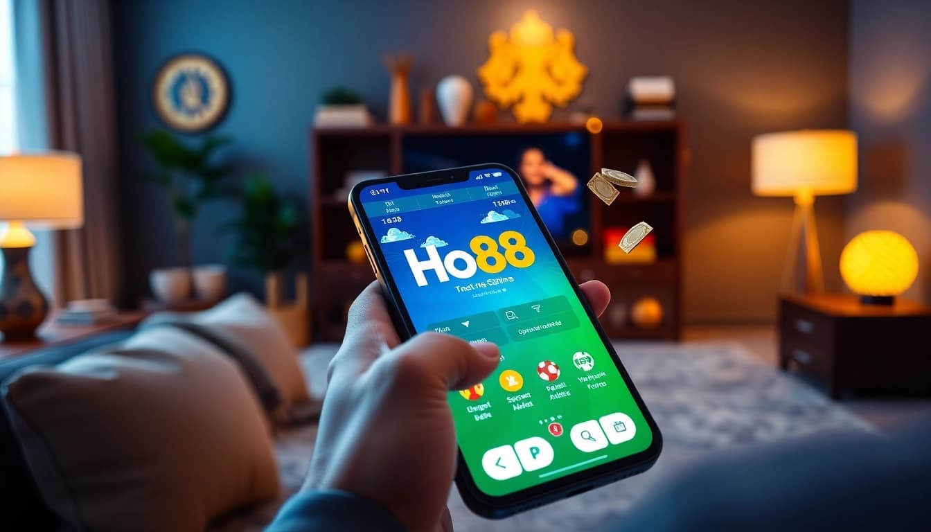 Experience Ho88's engaging mobile gambling app interface, showcasing online betting excitement in a cozy setting.