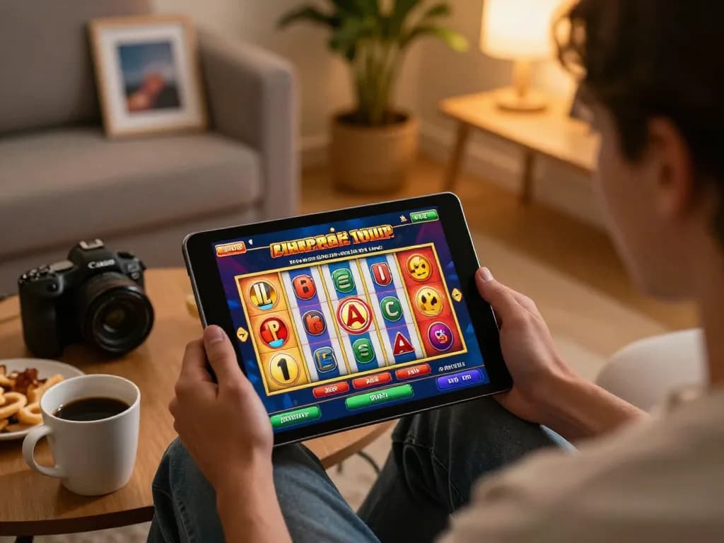 Person enjoying online gaming at https://mega888group.com/ showcasing an exciting slot game on a tablet in a cozy setting.