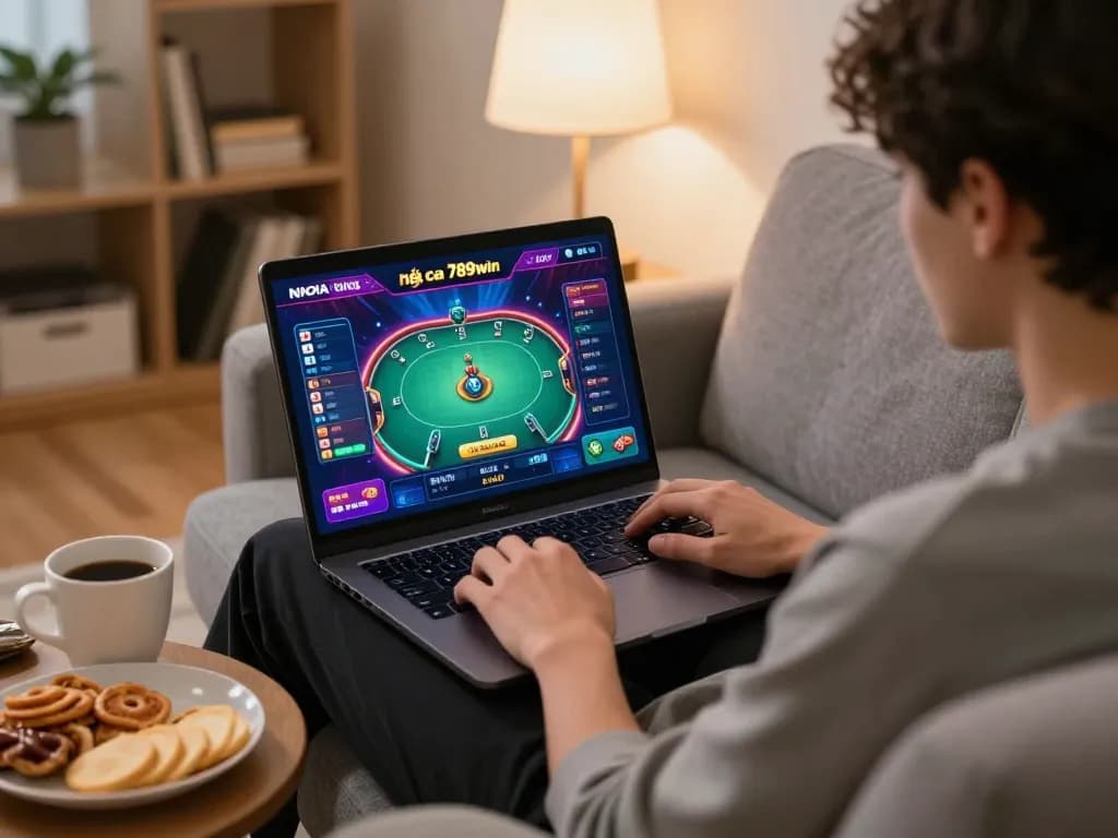 Engaged player using nhà cái 789win for strategic online poker gameplay at home.