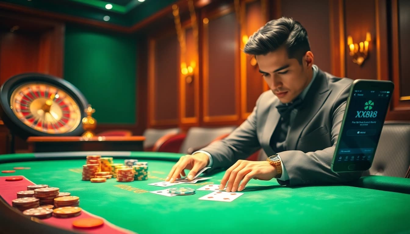 Players enjoying a thrilling game at XX88 casino, highlighting poker chips and digital gaming.