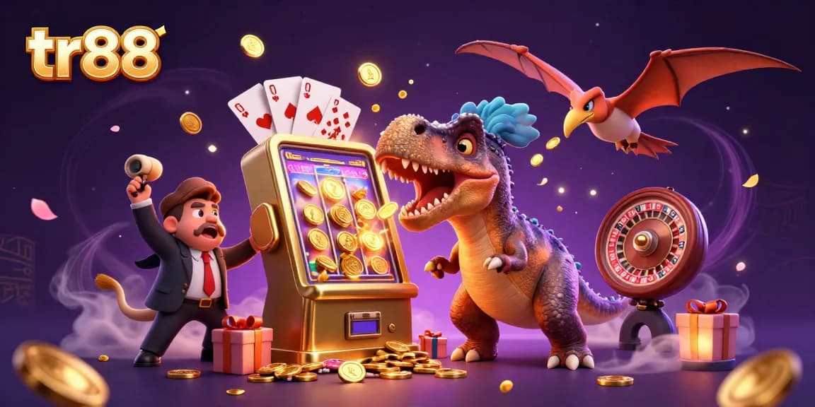 tr88 slots illustration with creatures, gold coins, and vibrant casino elements