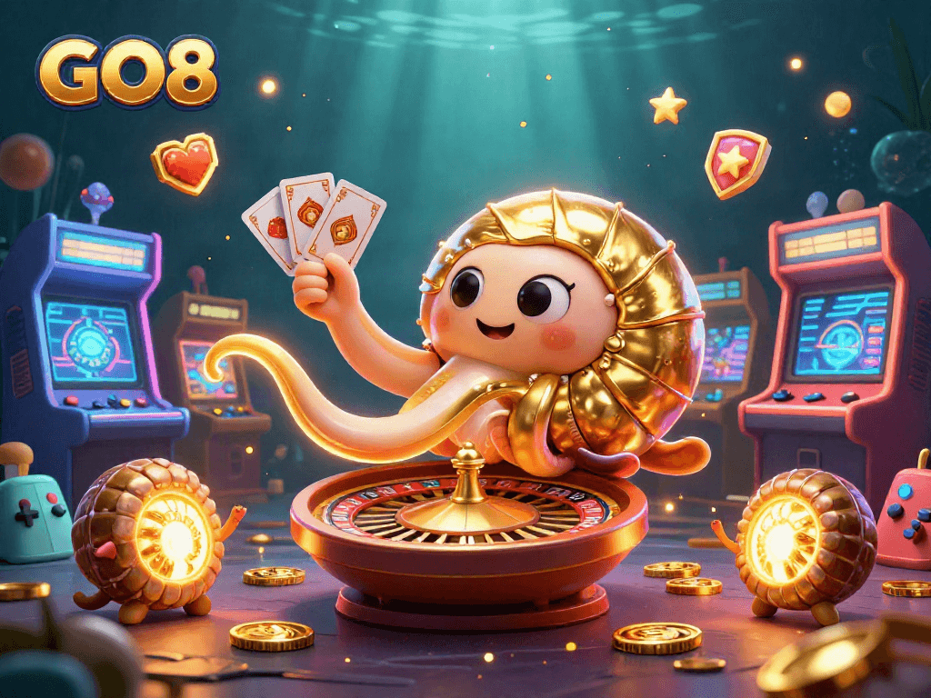 Engage with GO8’s vibrant casino experience featuring an ancient nautilus and glowing game elements.