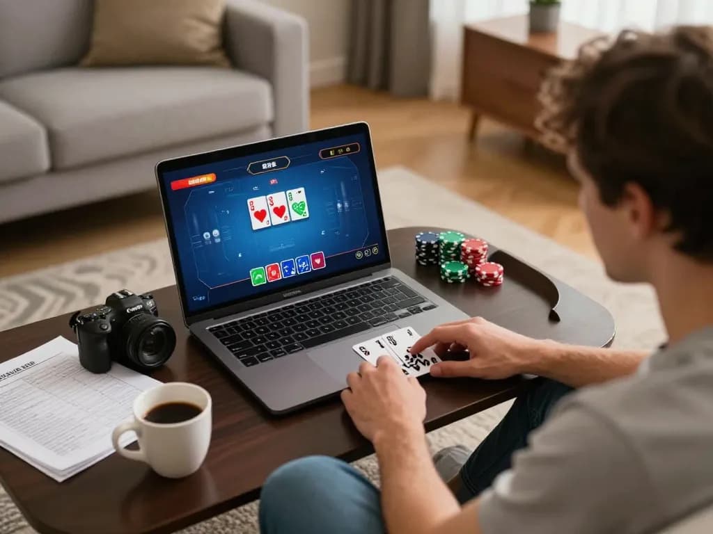 Player engaging in online poker via 78wim, showcasing chips and cards on laptop in cozy environment.