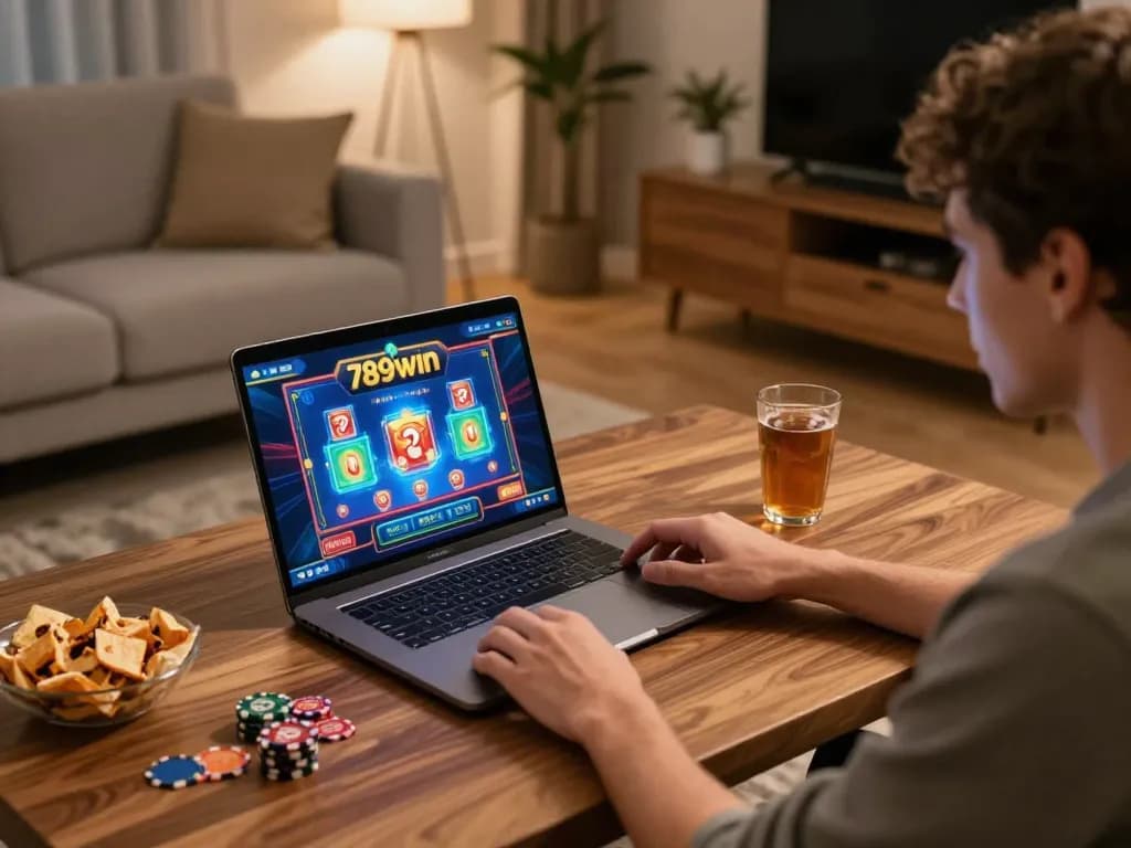Engaged player placing bets on the 789win online casino platform in a cozy home environment