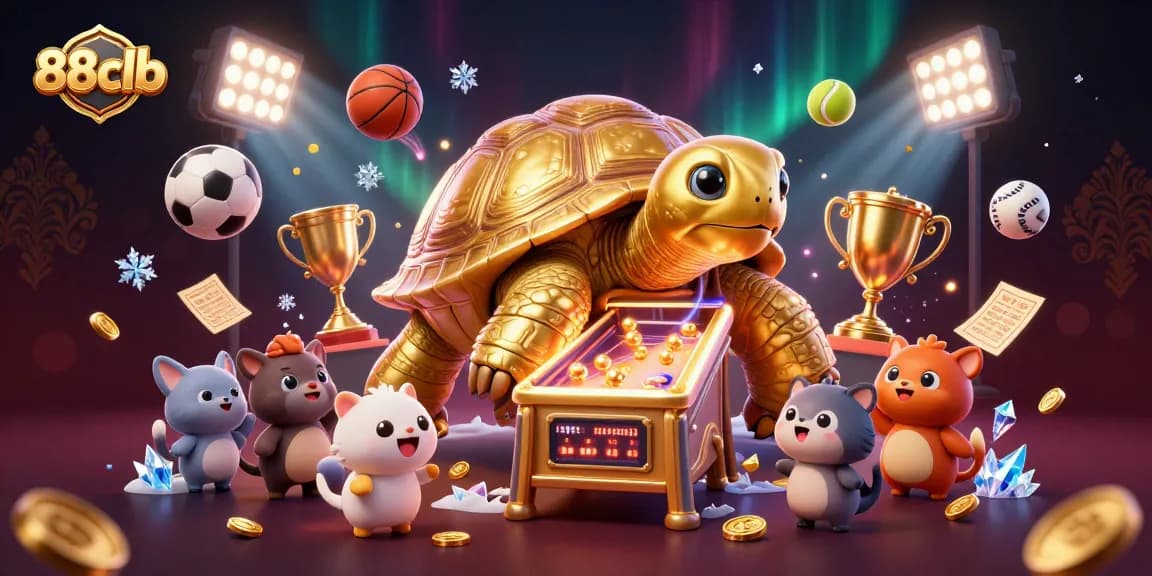Experience the excitement of 88clb with a golden tortoise pinball machine surrounded by dynamic sports elements.