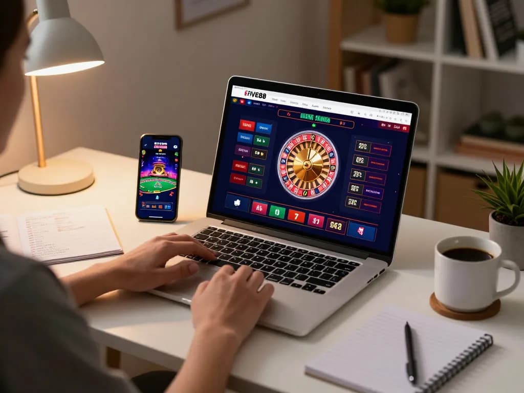 Engaging gaming experience at FIVE88 online casino, showcasing roulette gameplay on a laptop and smartphone.
