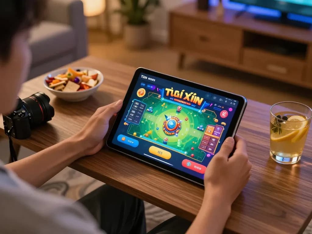 Engaging session of tài xỉu online on a tablet in a cozy home setting with warm lighting.