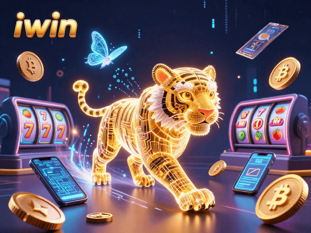 Engage with iwin as a golden tiger journeys through a neon-lit digital casino, surrounded by crypto coins and vibrant slot reels.