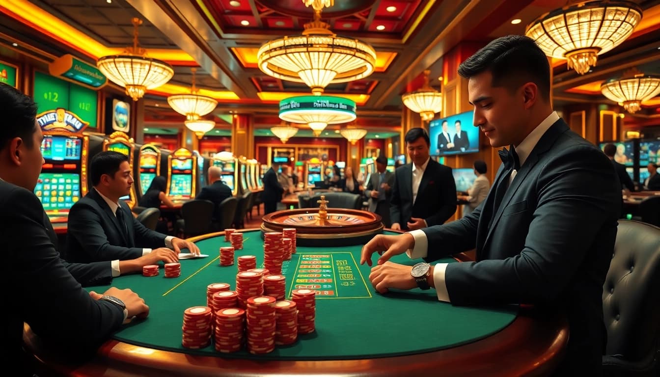 High-stakes poker game at a luxurious casino, showcasing thien ha bet excitement and energy.