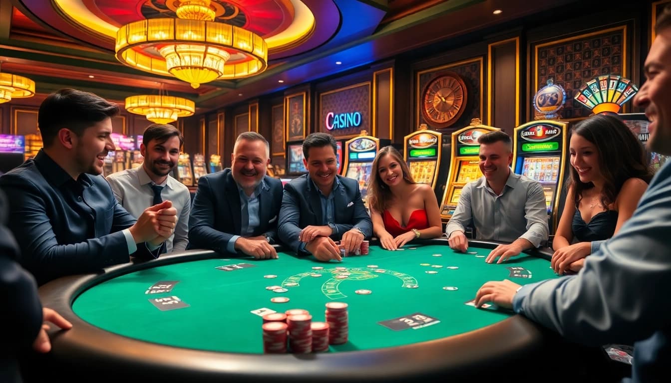 Experience energetic gameplay at https://mm88.london/ with players enjoying poker at a vibrant casino table.