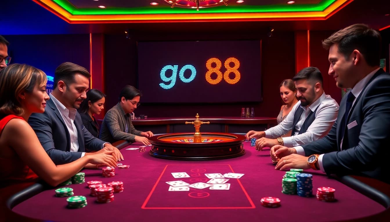 Players strategizing at a high-stakes table featuring the go 88 digital display amidst vibrant gambling elements.