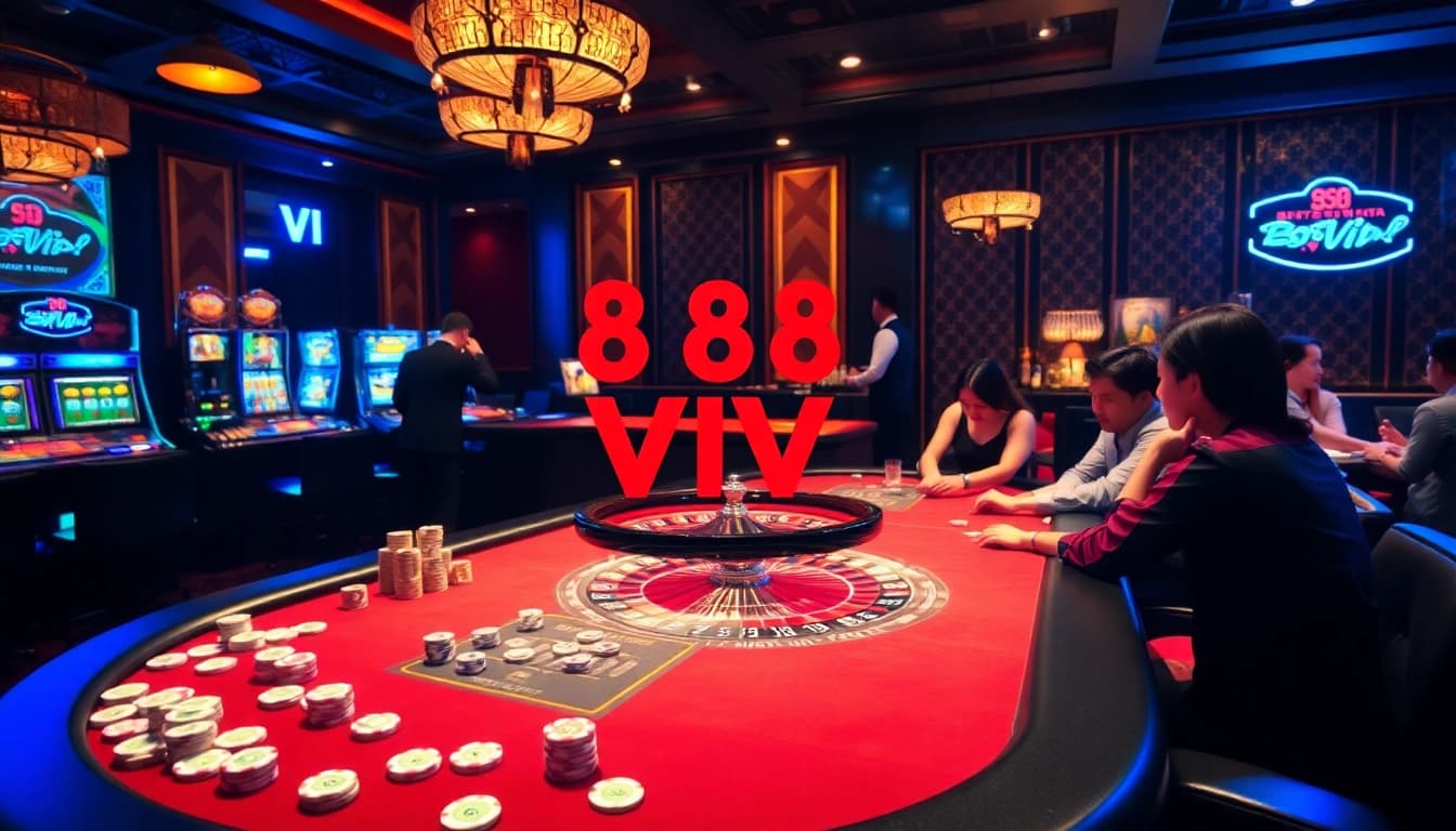 888VND VIP gambling enthusiasts enjoying a luxurious casino experience at a vibrant poker table.