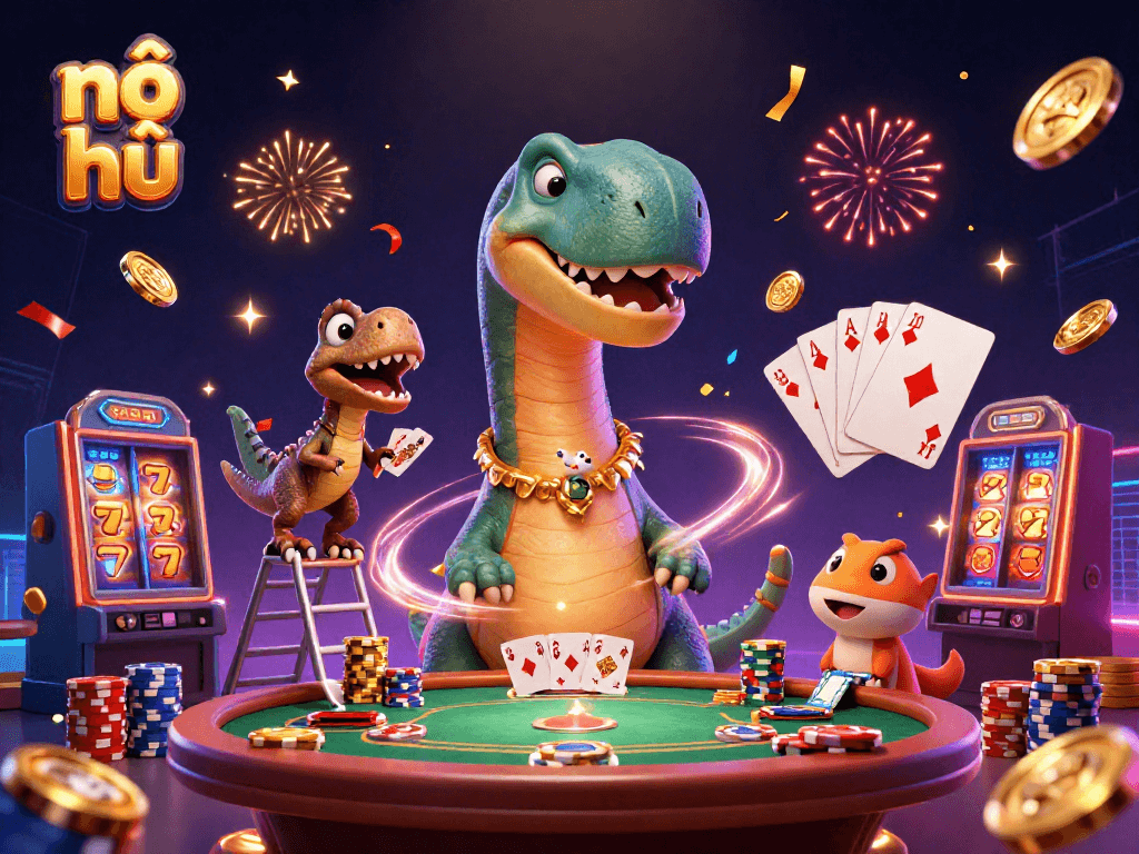 Nổ hũ reels shine amidst dynamic casino scene with brontosaurus and raptor dealer