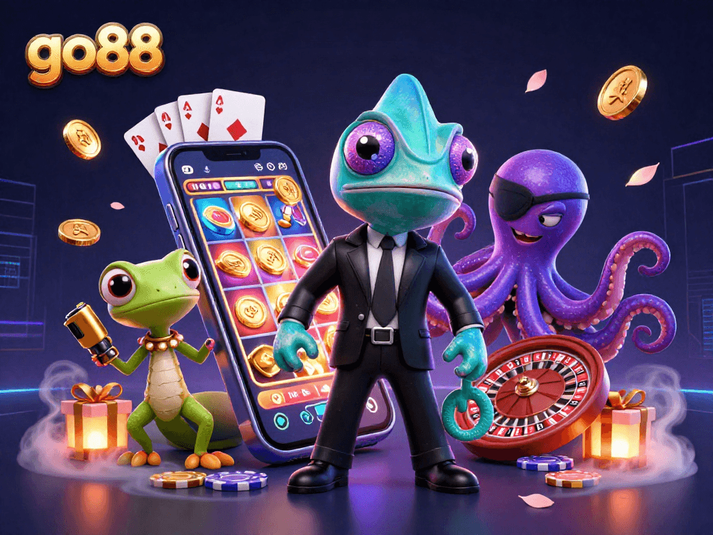 Win big with go88 in this vibrant 3D casino illustration featuring a colorful slot game adventure.
