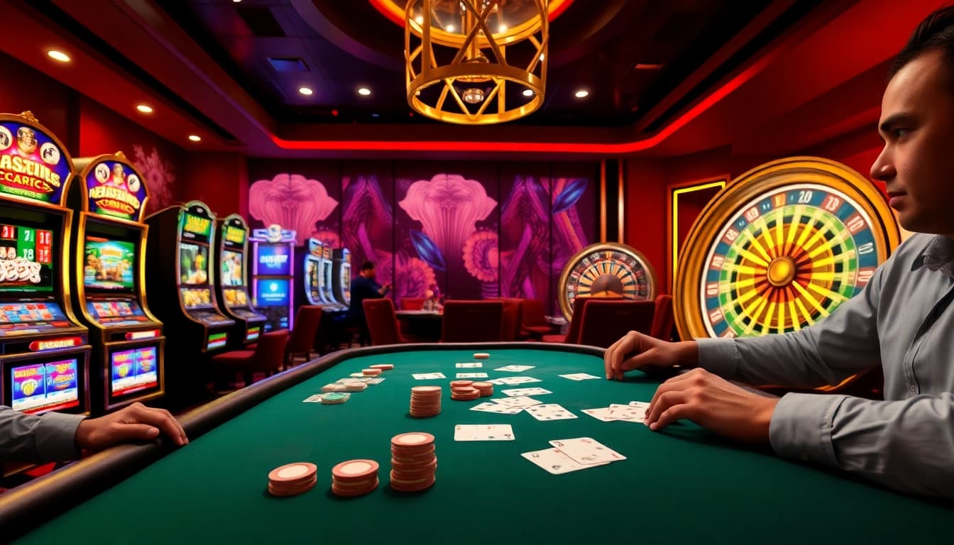 Experience the excitement of gambling at https://mtr888.com/ with a vibrant poker table, chips, and roulette wheel.