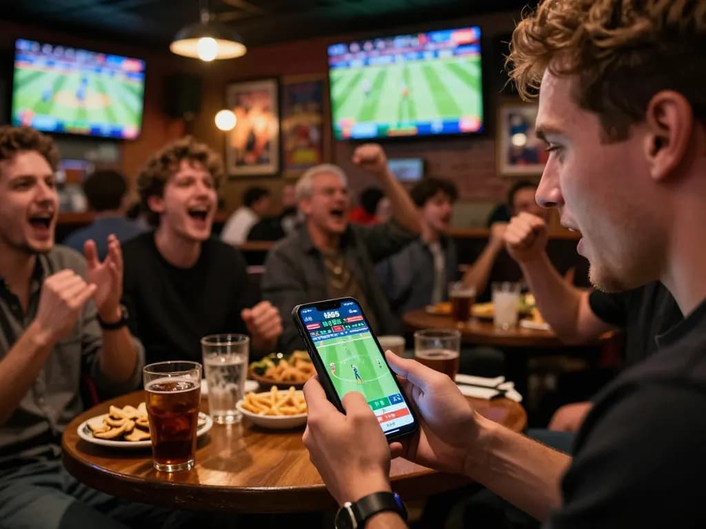 Engaging in sports betting excitement with fb88 com app in lively bar setting