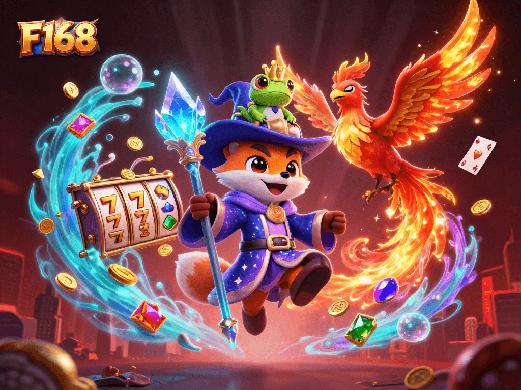 Engage with F168’s thrilling slots as the wizard fox conjures magic with a phoenix and frog.