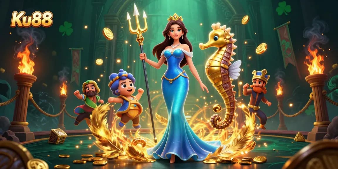 Experience thrilling wins at Ku88 with an enchanting scene of a woman, seahorse king, and treasures in a vibrant casino.