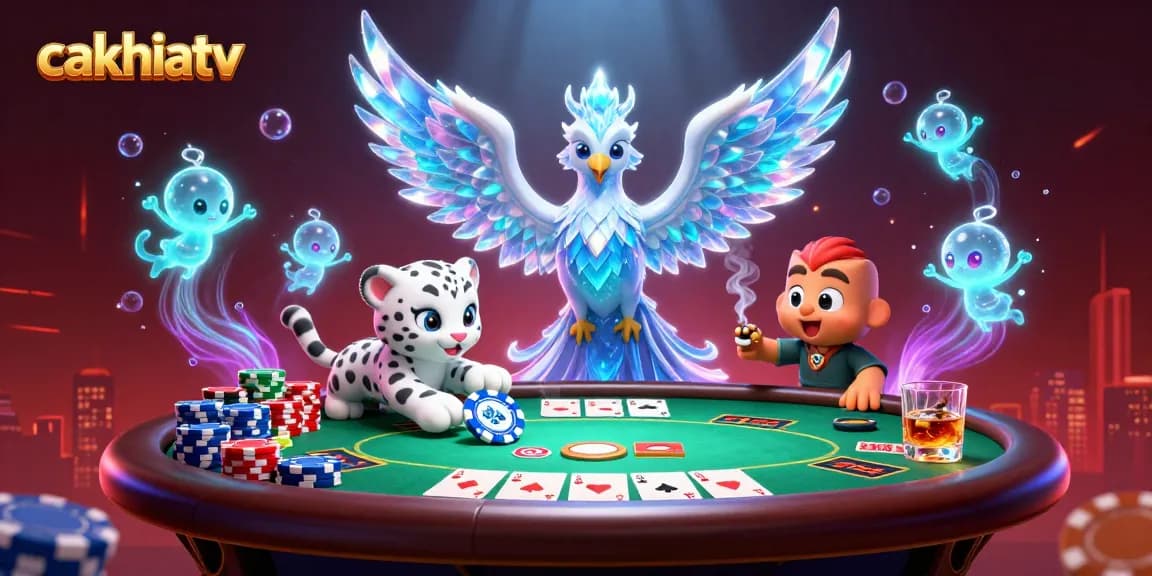 Experience thrilling poker action with cakhiatv in a vibrant 3D scene featuring ice phoenix and poker elements.