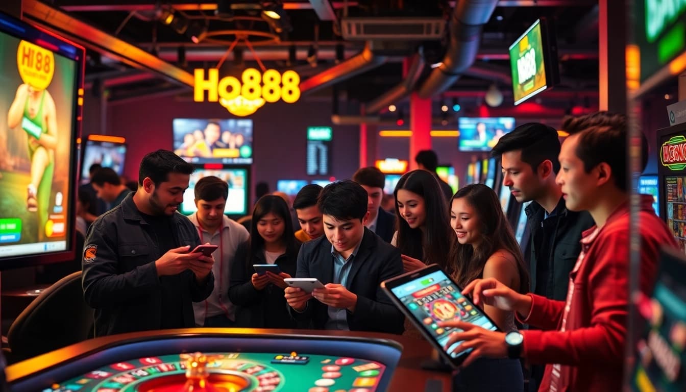 Engaging scene showcasing Ho88 online gambling, featuring diverse players enjoying sports betting and casino games in a vibrant digital environment.