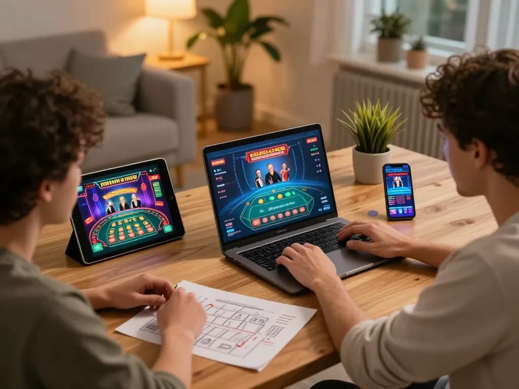 Players enjoying a dynamic online gaming session with 789bet on laptop and smartphone, showcasing strategic gameplay.