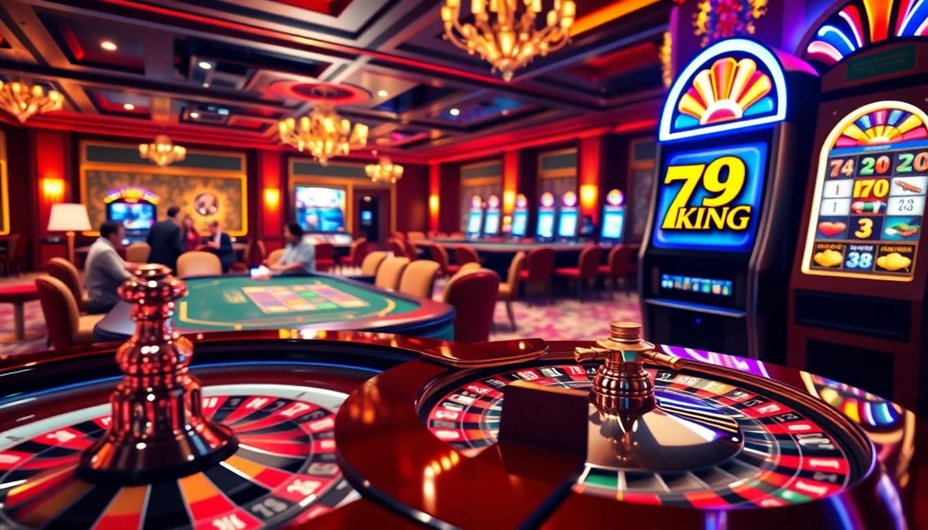 Engage with thrilling 79KING casino gaming visuals featuring roulette, poker, and slot machines.