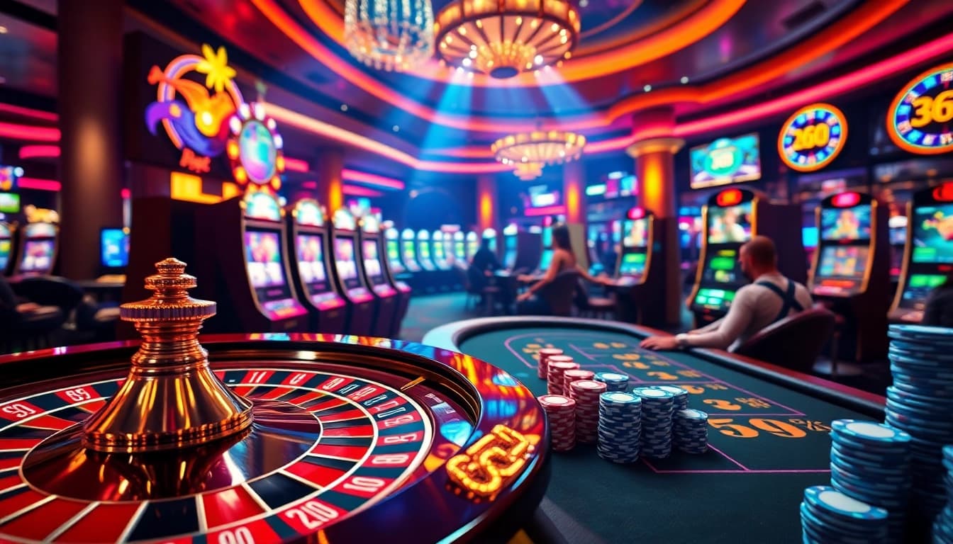 Exciting casino scene with roulette wheel and slot machines at 65A, featuring vibrant colors.