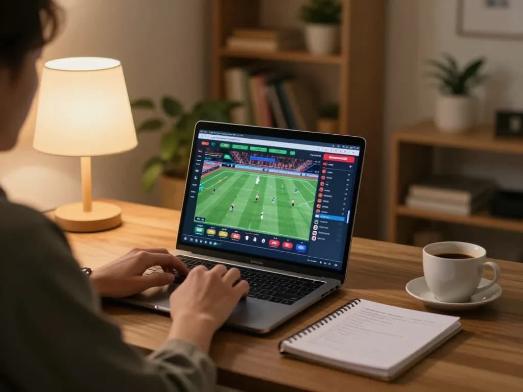 Person using laptop for sports betting at keonhacaii88, showcasing a dynamic online gaming environment