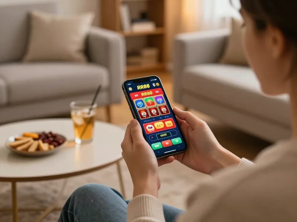 Player engaging with the RR88 mobile casino app in a cozy home setting, emphasizing casual online gambling.