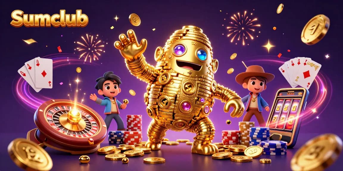Engage with Sumclub's golden golem in a vibrant 3D casino scene filled with jackpots and winning opportunities.