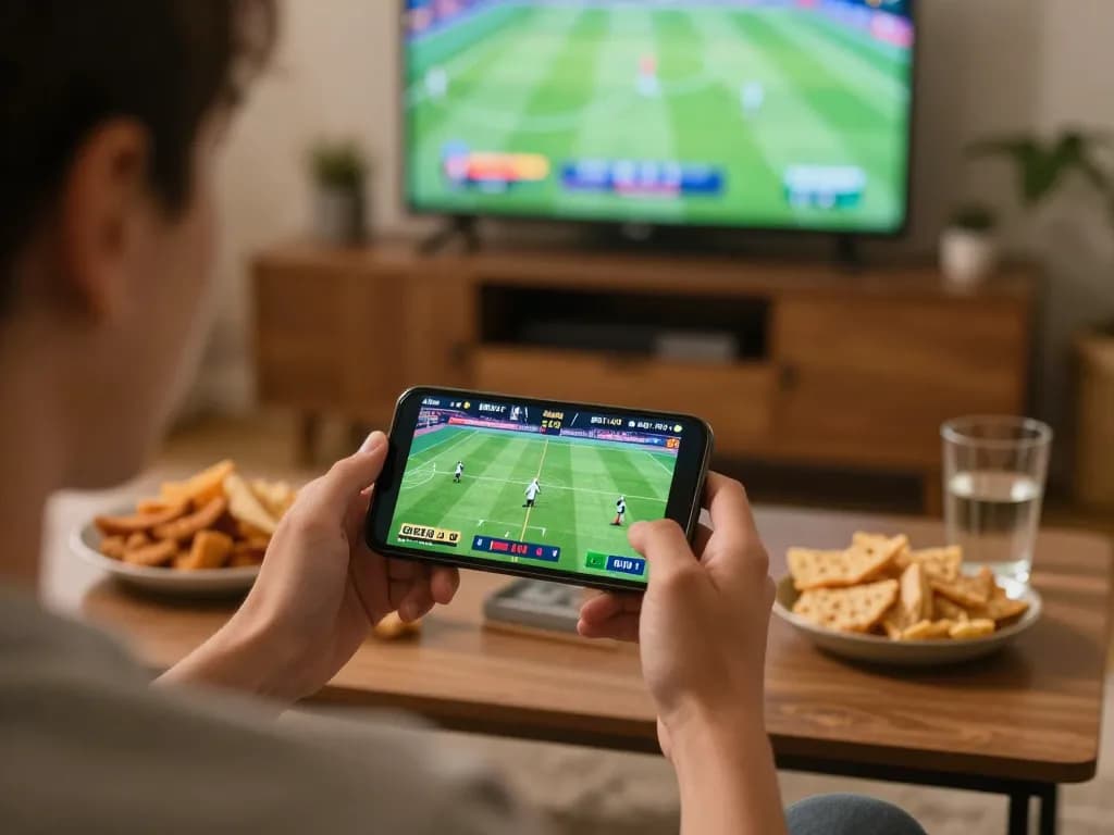 Bsport user placing live bets on smartphone while enjoying a sports event at home