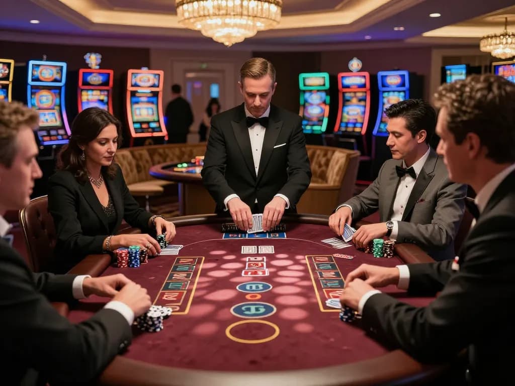 Players at ZBET blackjack table placing bets and strategizing in a luxurious casino setting