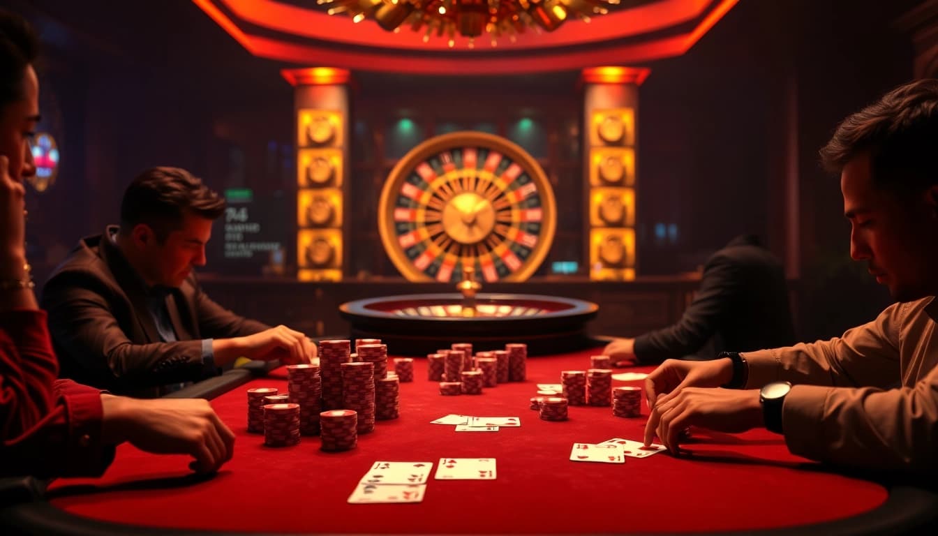 Experience thrilling gameplay at nn888 with vibrant poker chips and a stunning roulette wheel.