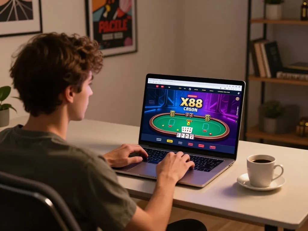 Engaging online gambling session at x88 com, showcasing immersive poker gameplay on a laptop.