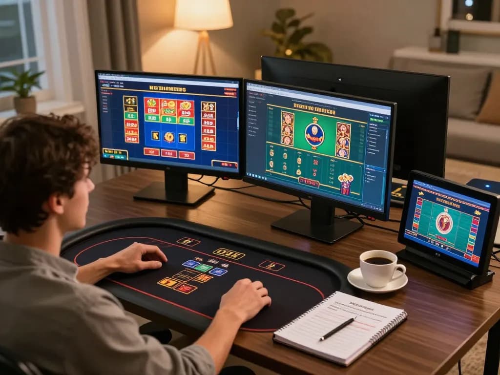 Person strategizing online gaming at 23win, surrounded by poker and slot game screens.