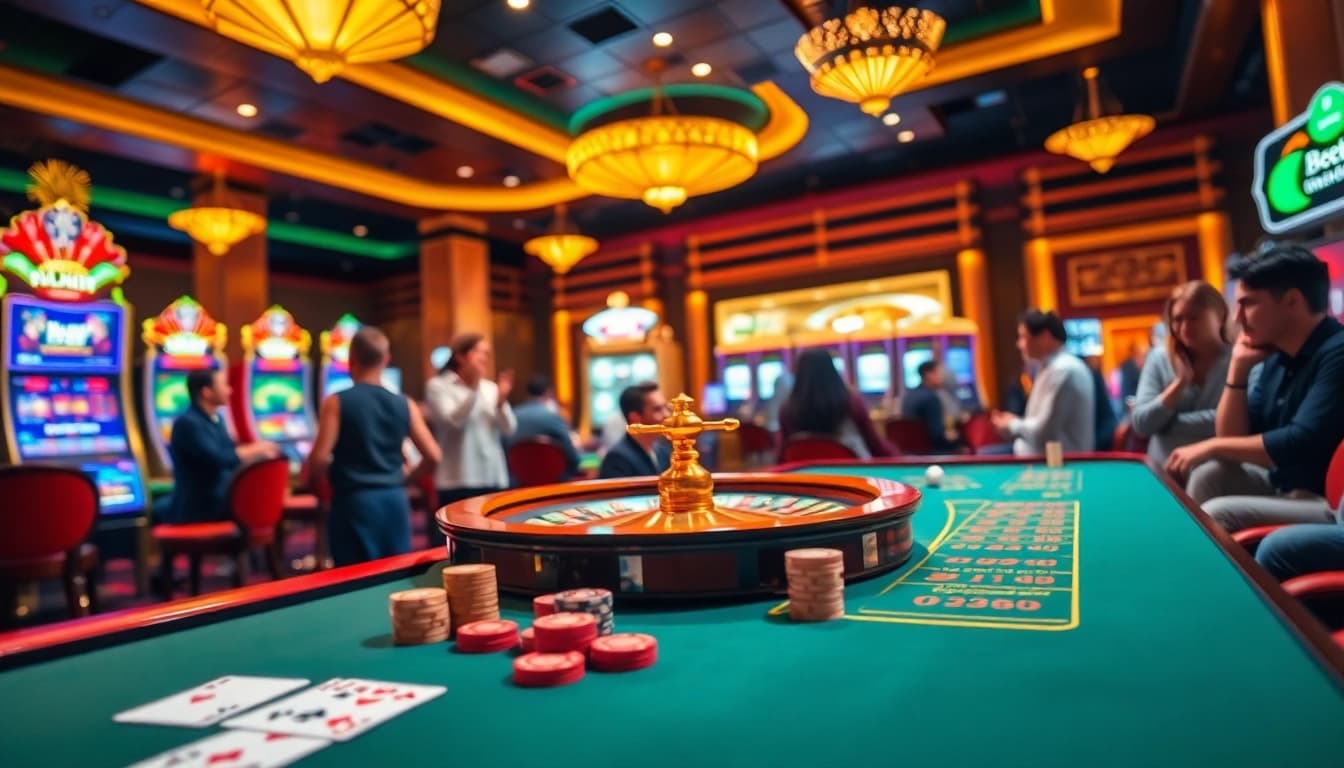 Players enjoying a game at Haywin casino table, surrounded by vibrant slot machines.