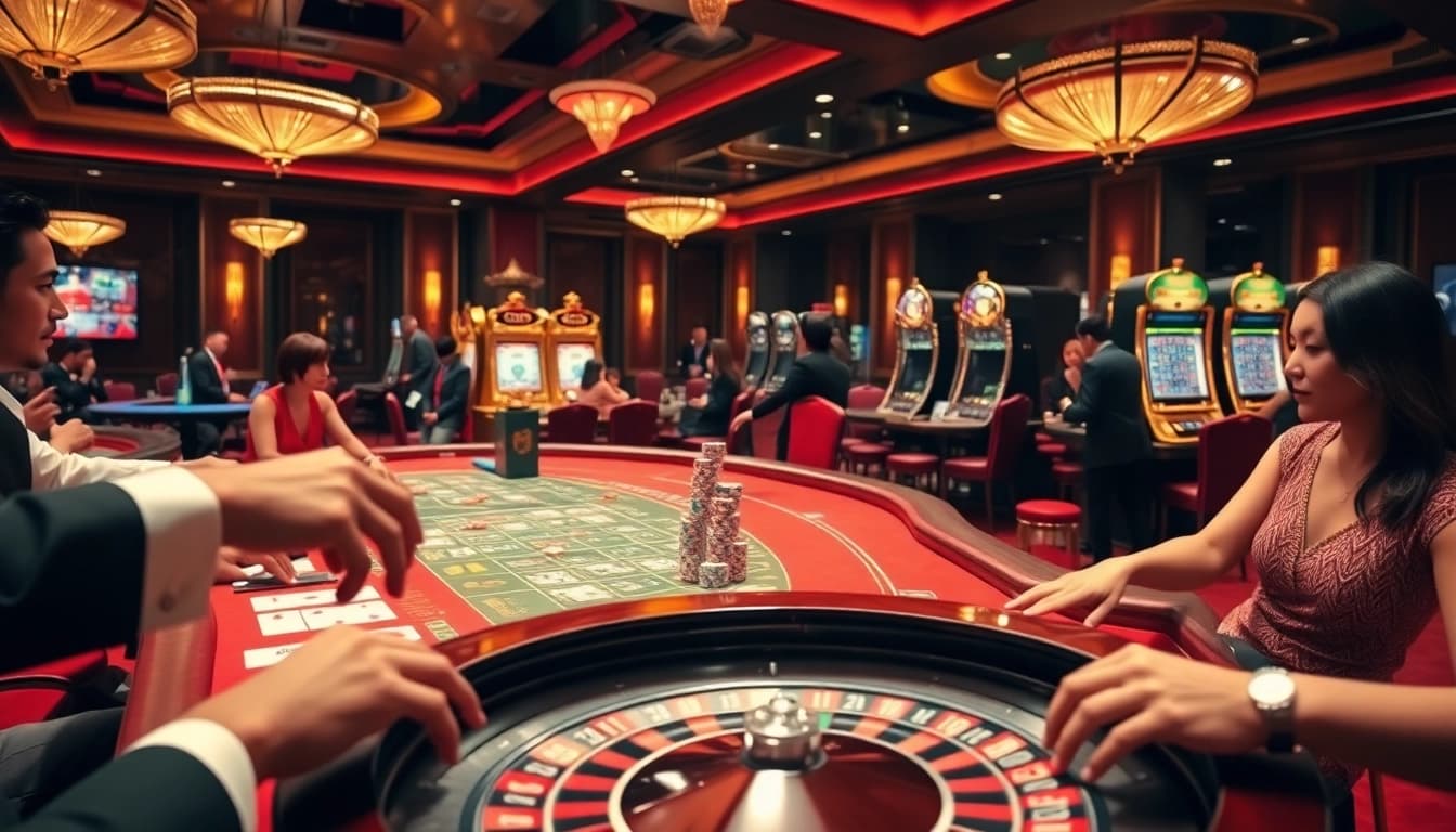 Players experiencing thrilling games at hm88 casino, featuring vibrant slots and roulette.