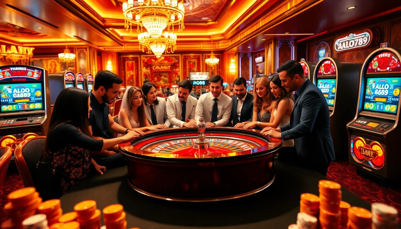 Players enjoying an exciting roulette game at ALO789, set in a luxurious casino atmosphere.