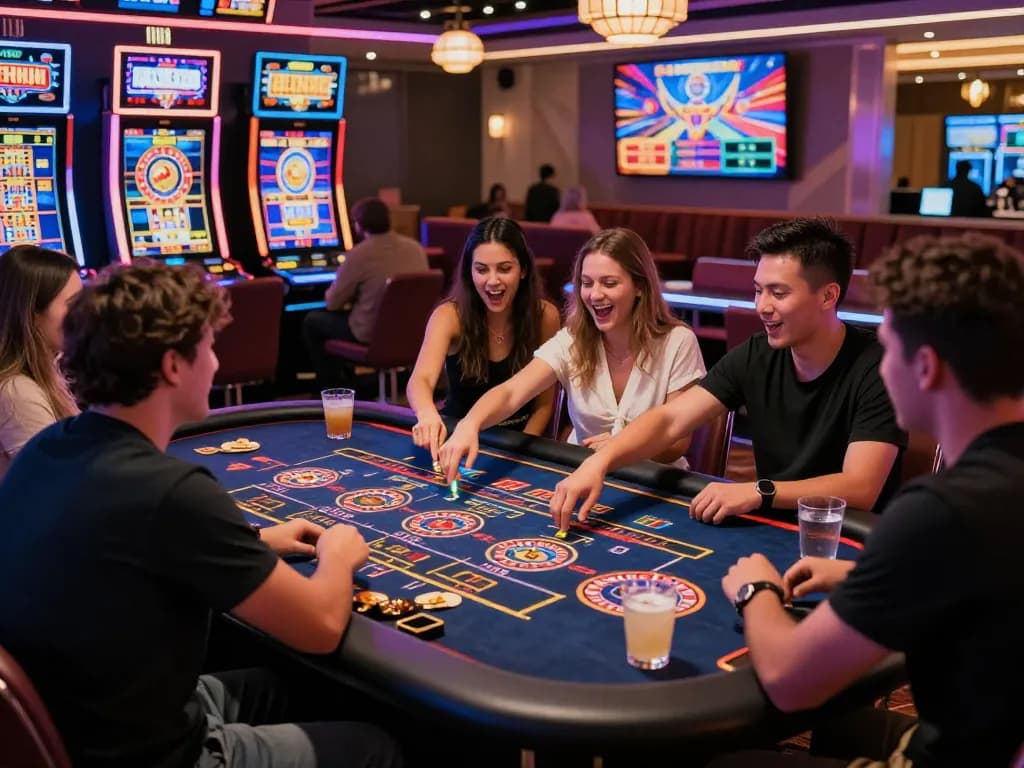 Friends enjoying the MM88 online casino experience at a vibrant gaming table with neon lights and lively atmosphere.