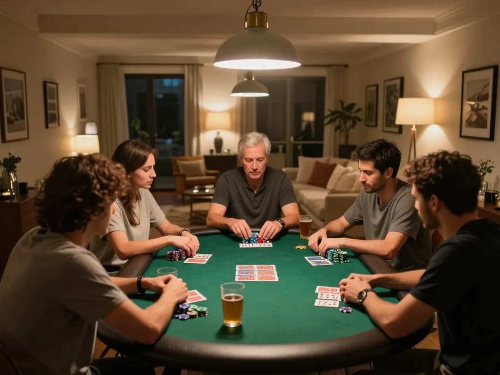 Engaging friends playing poker during a home game night while discussing apk sungaitoto strategies.