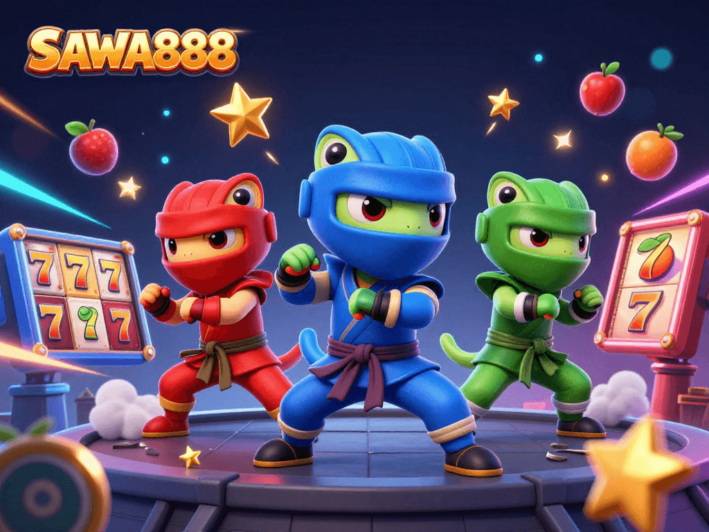 Experience thrilling slots action at SAWA888 with colorful ninja chameleons amidst dynamic casino elements.