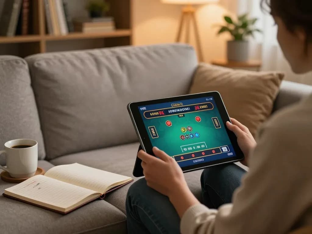Engaged user enjoying online gaming at jun88 com, tablet displaying live dealer game with cozy atmosphere.