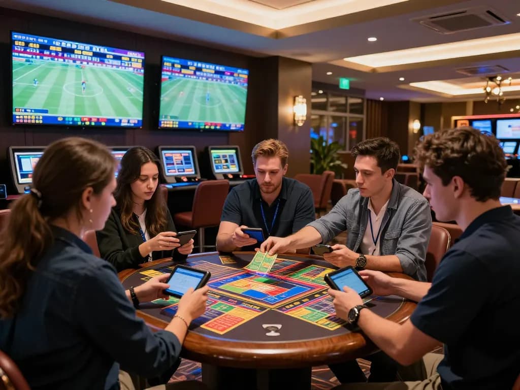Engaged bettors using the tylekeonhacai88 app for live sports betting strategies.