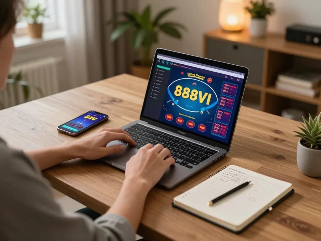 Engaging in thrilling online gaming with 888VI on laptop in a stylish home setting.