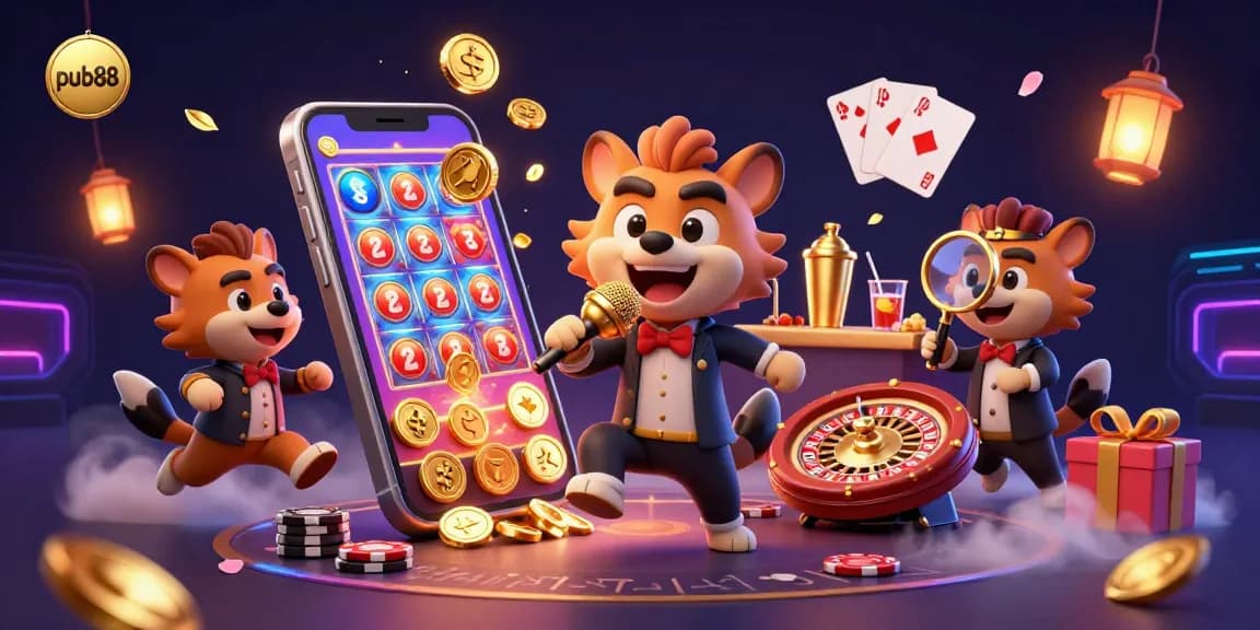 Experience the excitement of pub88 with lively hyenas at a casino, showcasing slots and vibrant games.