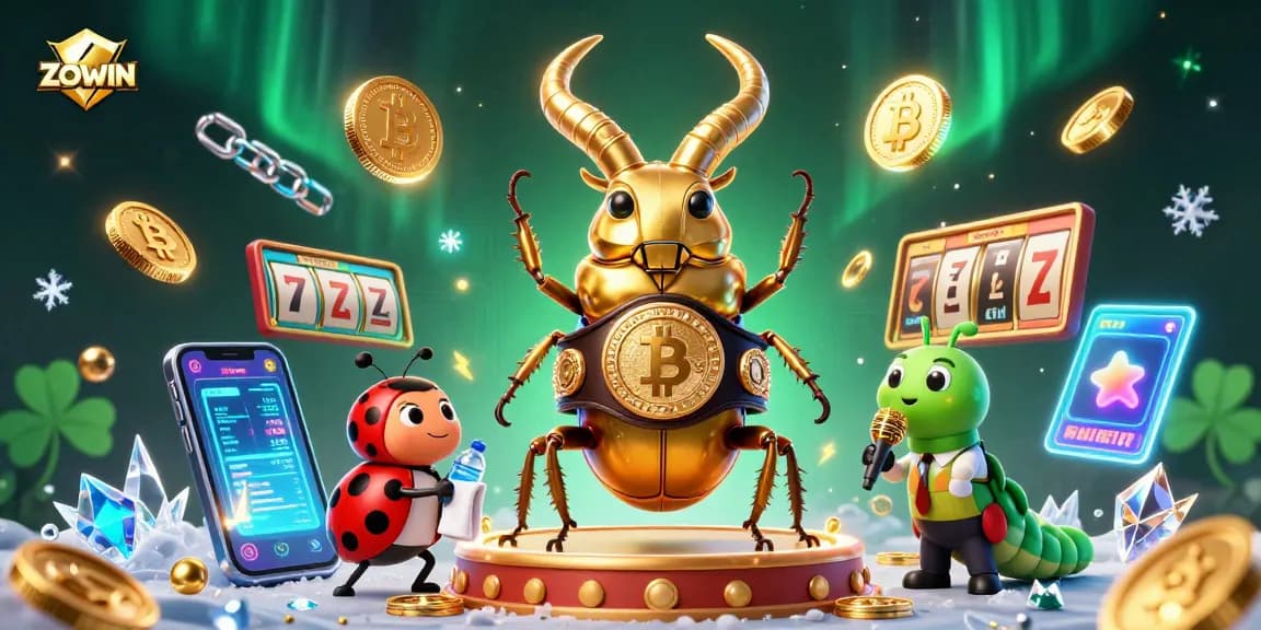 ZOWIN showcases an energetic 3D scene with a golden stag beetle in a boxing champion belt, surrounded by cryptocurrency elements and slot reels.