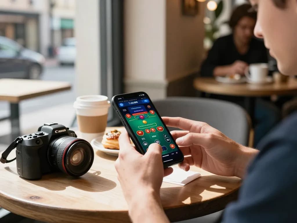 Engaging in kèo nhà cái action using mobile app at a café