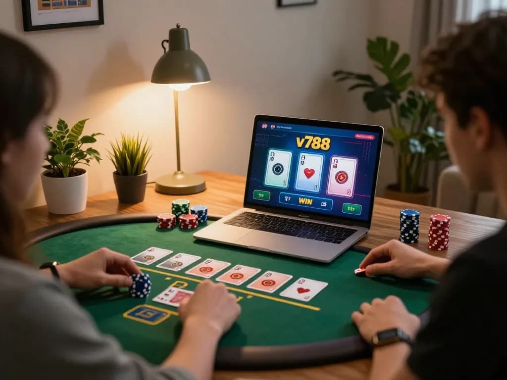 Engaging in online poker with v788 WIN gameplay displayed on laptop screen, creating a cozy gaming atmosphere